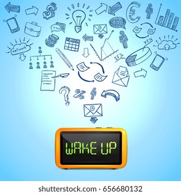 Business morning composition with 3d clock hand drawn icons of work processes on blue background vector illustration