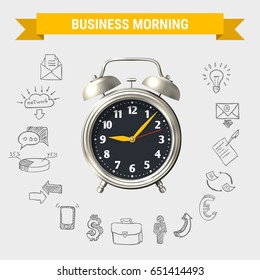 Business morning round composition with yellow ribbon 3d alarm clock and hand drawn icons isolated vector illustration 