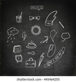 Business morning set. Hand drawn vector stock illustration. Chalk board drawing.