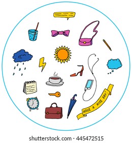Business morning set. Hand drawn vector stock illustration.