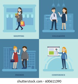 Business mother square composition with woman shopping talking with colleagues friends and lecturer at conference vector illustration