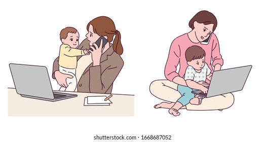 Las madres empresarias están trabajando desde casa con sus hijos en brazos. ilustraciones de diseño vectorial de estilo dibujado a mano. 