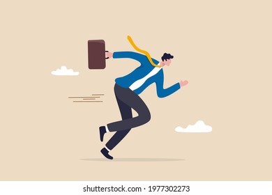 Business motivation or agility, success in fast change business competition, career challenge concept, confident motivated businessman holding briefcase running with full effort to win competition.