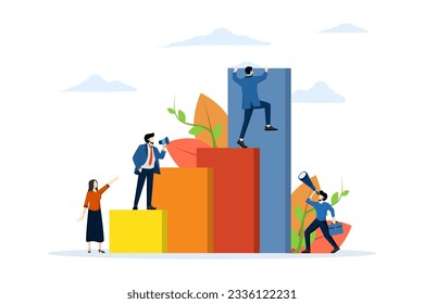 business motivation and ambition concept, business team overcoming obstacles and achieving success, overcoming problems in business, crossing boundaries. Flat vector illustration on a white background