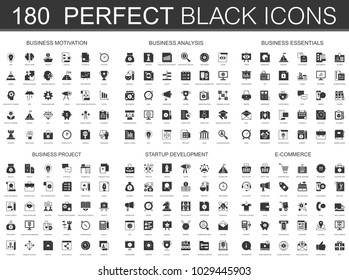 Business motivation, analysis, business essentials, business project, startup development, e-commerce black classic icon set.