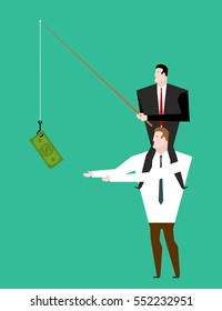 Business motivation. Boss sitting on shoulders of manager. Dollar on fishing rod. Businessman motivates
