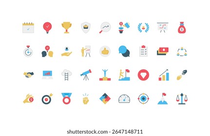 Business motivation, challenge of talent expert, professional ability, opportunity award of ambitious winner color icon set. Career ladder of leader, success strategic plan flat vector illustration