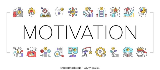 Business Motivation Collection Icons Set Vector. Businessman Finance Losses And Wealth, Goal Achievement And Business Motivation Lesson Training Line Pictograms. Contour Color Illustrations