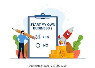 Business motivation concept to become a successful entrepreneur, Start my own business words on notebook paper with checked list, entrepreneur check mark in yes checkbox. flat vector illustration.