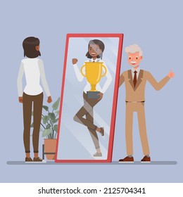 Business Motivation Concept. Businesswoman Looking Successful Shadow In Front Of A Mirror Character Vector Illustration Design.