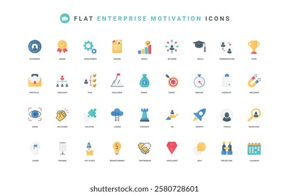 Business motivation for development, growth of corporate company and enterprise color icon set. Recruitment strategy, partnership, incentive and bonus for employee flat elements vector illustration