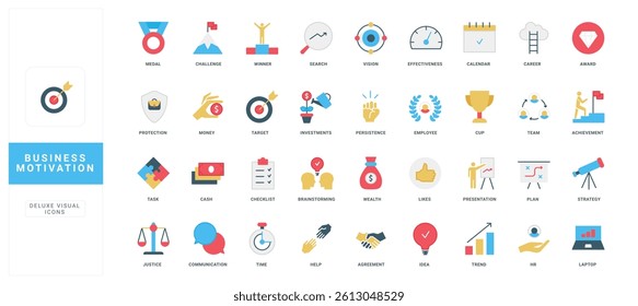 Business motivation, HR strategy, efficiency of career challenge, incentives for growth, development color icon set. Persistence and confident winner on top of podium, flat vector illustration
