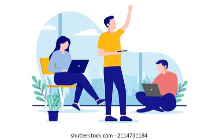 Business motivation - Motivated small team of working people with computers in office. Flat design vector illustration with white background