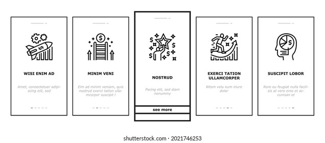 Business Motivation Onboarding Mobile App Page Screen Vector. Businessman Finance Losses And Wealth, Goal Achievement And Business Motivation Lesson Training Illustrations