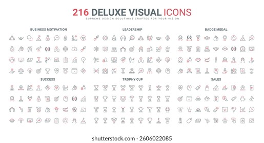 Business motivation to success, medal and cup, diamond to evaluate active leader career development, top team line icon set. Award and sales thin black and red outline symbols vector illustration