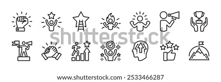 Business motivation thin line icon vector set. Containing achieve, power, achievement, ambition, aspiration, career, desire, development, encourager, goal, growth, improvement, success, teamwork
