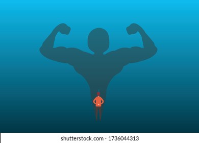 Business motivation vector concept: Back view of businessman looks to his muscular shadow on the wall.  