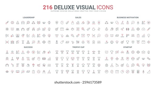 Business motivation, vision of startup direction and success line icon set. Golden cup for victory, startup, buy sell in mobile store app thin black and red outline symbols vector illustration
