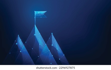 business mountain achievement investment on blue background. route to success low poly wireframe. business ideas to success goal. vector illustration futuristic style.   