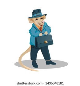 Business mouse in a suit and briefcase in its paws. Vector illustration