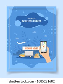 business moved hand hold smartphone pointer location map gps in display around plane truck van box package courier for template of banners, flyer, books cover, magazines with liquid shape style