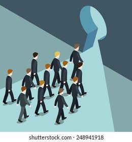 Business movement towards better future solution concept flat 3d web isometric vector. Businessmen goes march to keyhole, way out from trouble problem crisis. Creative people collection.