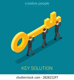 Business movement towards solution concept flat 3d web isometric vector. Micro businessmen carry big golden key. Build creative people world collection.