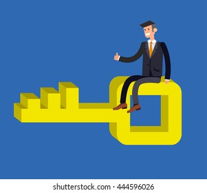 Business movement towards solution concept flat web vector. Business Man carry big golden key