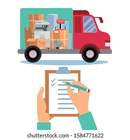 Business moving concept. Storage, logistics, local delivery service company with small cargo truck with boxes inside and employee hands holding clipboard with abstract shipping form. Vector flat.