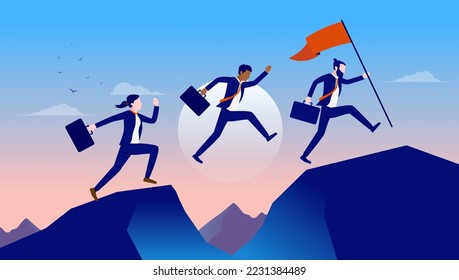 Los negocios avanzan - La gente de negocios corre en las cumbres con la bandera ansiosa por alcanzar el objetivo y el éxito. Ilustración vectorial de diseño plano