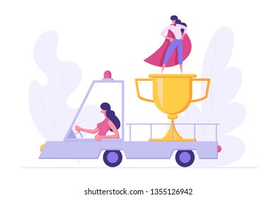 Business Moving Forward Success Career Concept with Businesswoman Character Driving Truck Car with Prize and Super Businesswoman, Showing Achievement. Banner Website Web Page. Flat Vector Illustration