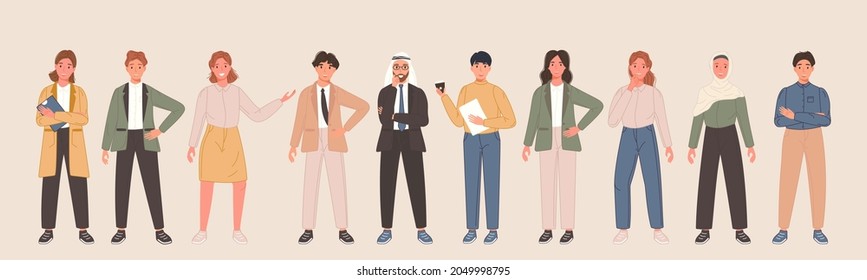 Equipo de personajes multinacionales de negocios en una posición diferente. Varios trabajadores de oficina se alinean. Colección de ilustraciones de vector