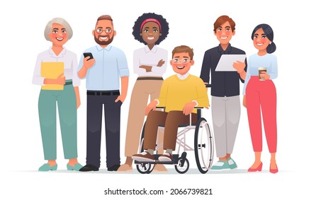 Business multinational team. A group of people, colleagues of different ages and races together.  Person with disability in a wheelchair. Vector illustration in cartoon style
