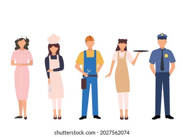 Business multinational team. Policeman, doctor, nurse and others. Vector illustration of diverse cartoon men and women of various jobs.