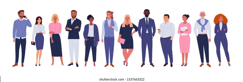 Liiketoiminnan monikansallinen tiimi. Vektori kuva erilaisista sarjakuva miehistä ja naisista eri roduista, ikä ja vartalo tyyppi toimistoasuissa. Eristetty valkoisella.