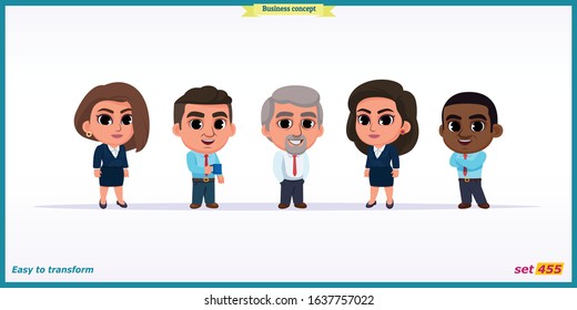 Business multinational team. Vector illustration of diverse cartoon man and woman of various races, ages, body type in office.Flat cartoon illustration. isolated vector design.People standing frontal 