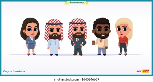 Business multinational team. Vector illustration of diverse cartoon man and woman of various races, ages, body type in office.Flat cartoon illustration. isolated vector design.People standing frontal 