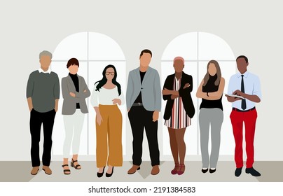 Business multinational team. Vector illustration of diverse cartoon men and women of various races, ages and body type in office outfits. Isolated on white.