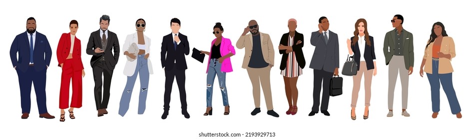 Business multinational team. Vector illustration of diverse cartoon men and women of various races, ages and body type in office outfits. Isolated on white.