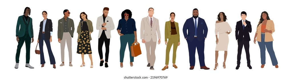 Business multinational team. Vector illustration of diverse cartoon men and women of various races, ages and body type in office outfits. Isolated on white.