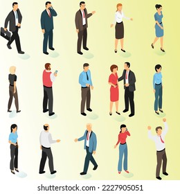 Equipo multinacional de negocios. Ilustración vectorial de diversos hombres y mujeres de diversas razas, edades y tipo de cuerpo en ropa de oficina. Aislado en blanco y amarillo.