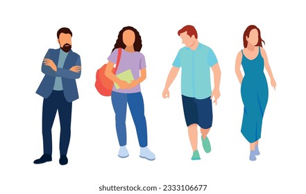 Business multinational team. Vector illustration of diverse cartoon men and women of various races, ages and body type in office outfits. Isolated on white.