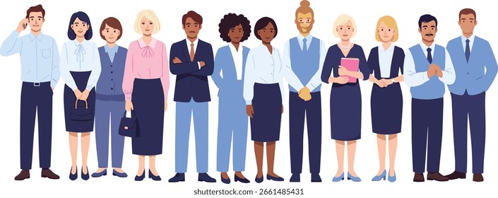 multinationales Unternehmensteam. Vektorgrafik der verschiedenen Cartoon-Männer und -Frauen verschiedener Rassen, Altersgruppen und Körpertypen in Bürooutfits