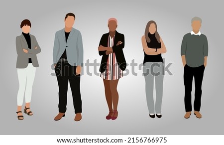 Business multinational team. Vector illustration of diverse cartoon men and women of various races, ages and body type in smart casual office outfits. Isolated on white.