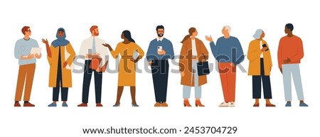 Business multinational team. Vector illustration of set diverse flat men and women of various races, ages and body type in office outfits. Isolated on white.