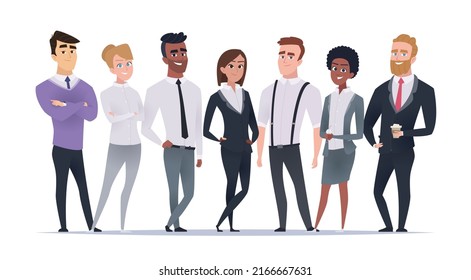 Business multinational team. Working managers in casual clothes ethnic characters in office exact vector cartoon illustrations