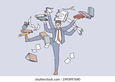 Business multitasking and time management concept. Young frustrated businessman cartoon character standing with heap of books document paperwork feel stressed and tired trying to manage everything