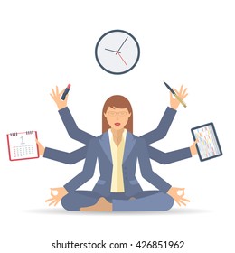 Business multitasking time management. Flat vector concept isolated illustration. Businesswoman at work meditates with calendar, schedule, timetable in the hands. Busy woman's office meditation.
