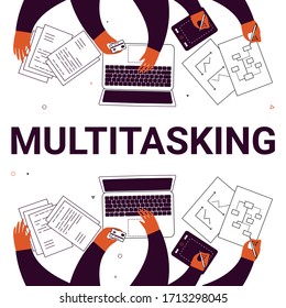 Business multitasking vector illustration. Many hands are doing different things: typing, holding a credit card and buying, drawing schemes,drawing on a graphic tablet,holding documents. 