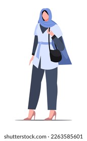 Business Muslim woman character in trousers and traditional blue hijab. Businesswoman on white background. 